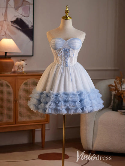 Light Blue Strapless Sweetheart Lace Corset Homecoming Dress with Tulle Skirt & Tiered Ruffle Hem - BJ110-Homecoming Dresses 2026-Viniodress-Light Blue-Custom Size – Add Measurements in Cart-