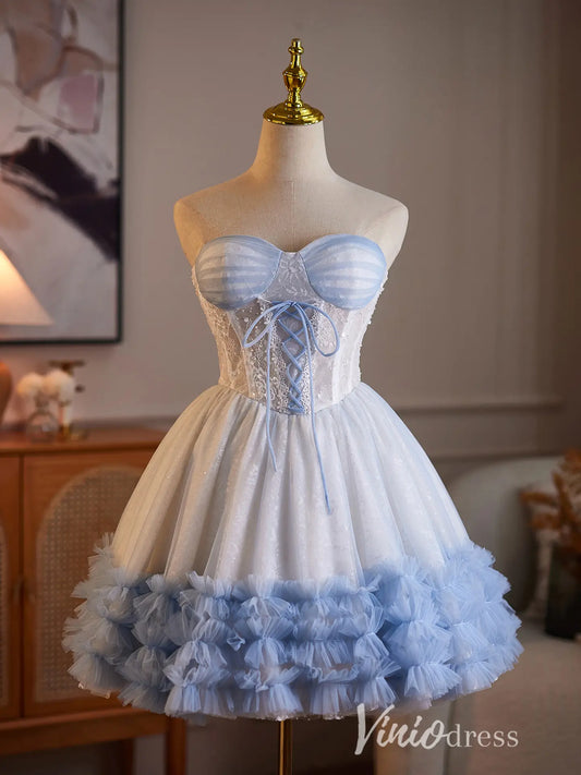 Light Blue Strapless Sweetheart Lace Corset Homecoming Dress with Tulle Skirt & Tiered Ruffle Hem - BJ110-Homecoming Dresses 2026-Viniodress-Light Blue-Custom Size – Add Measurements in Cart-