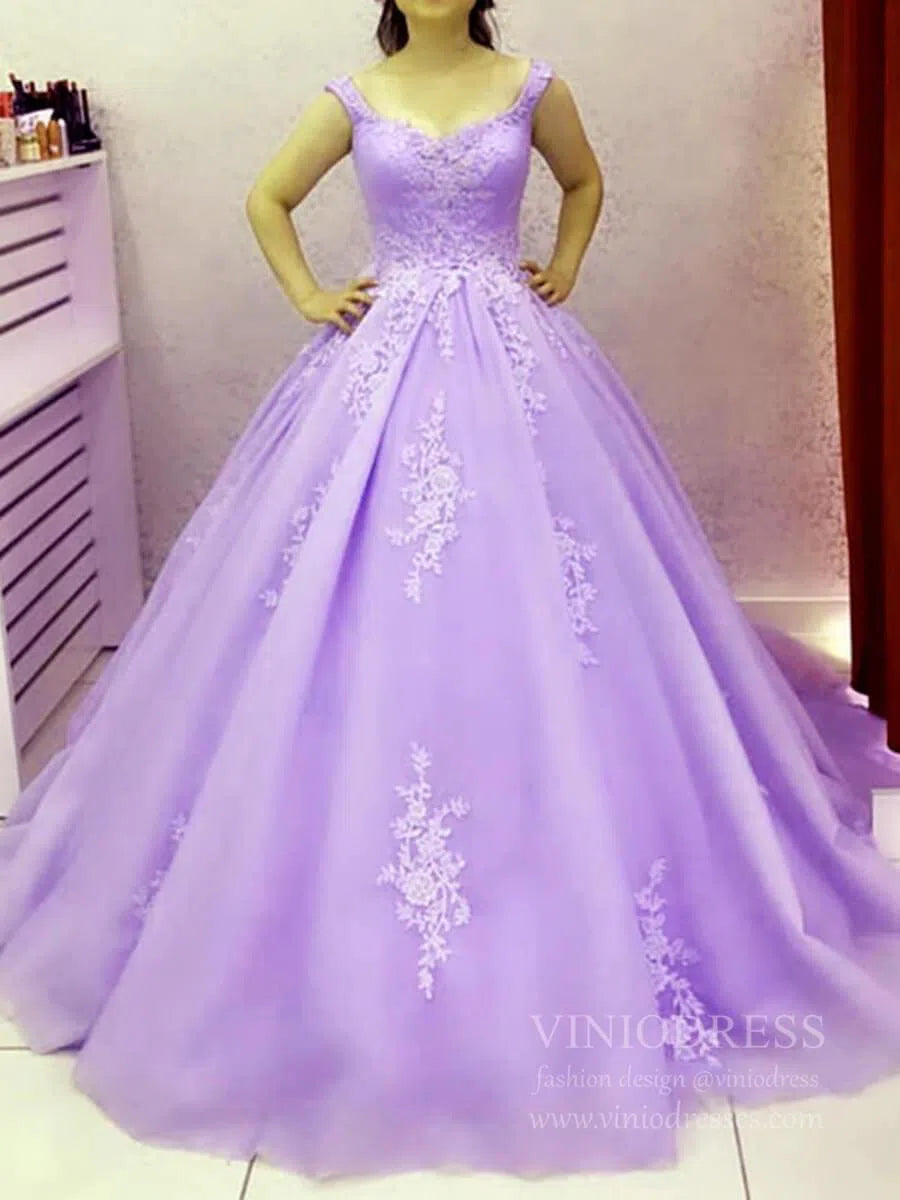 Light Blue Sweet 15 Dress Lace Appliqued Ball Gown Prom Dresses FD1690-prom dresses 2025 -Viniodress-Lilac-Custom Size-
