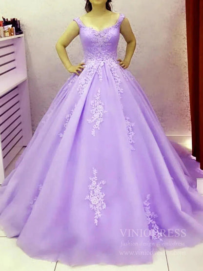 Light Blue Sweet 15 Dress Lace Appliqued Ball Gown Prom Dresses FD1690-prom dresses 2025 -Viniodress-Lilac-Custom Size-