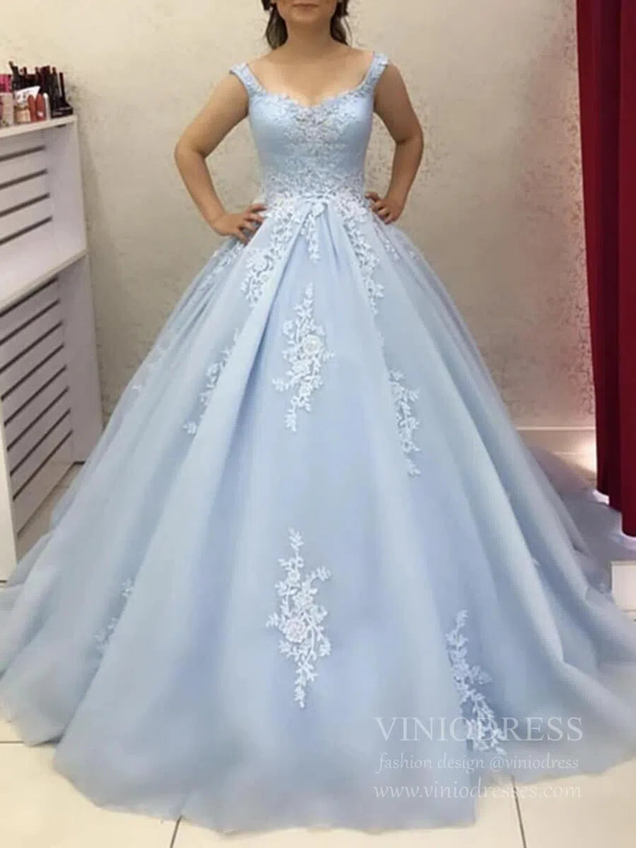 Light Blue Sweet 15 Dress Lace Appliqued Ball Gown Prom Dresses FD1690-prom dresses 2025 -Viniodress-Light Blue-Custom Size-