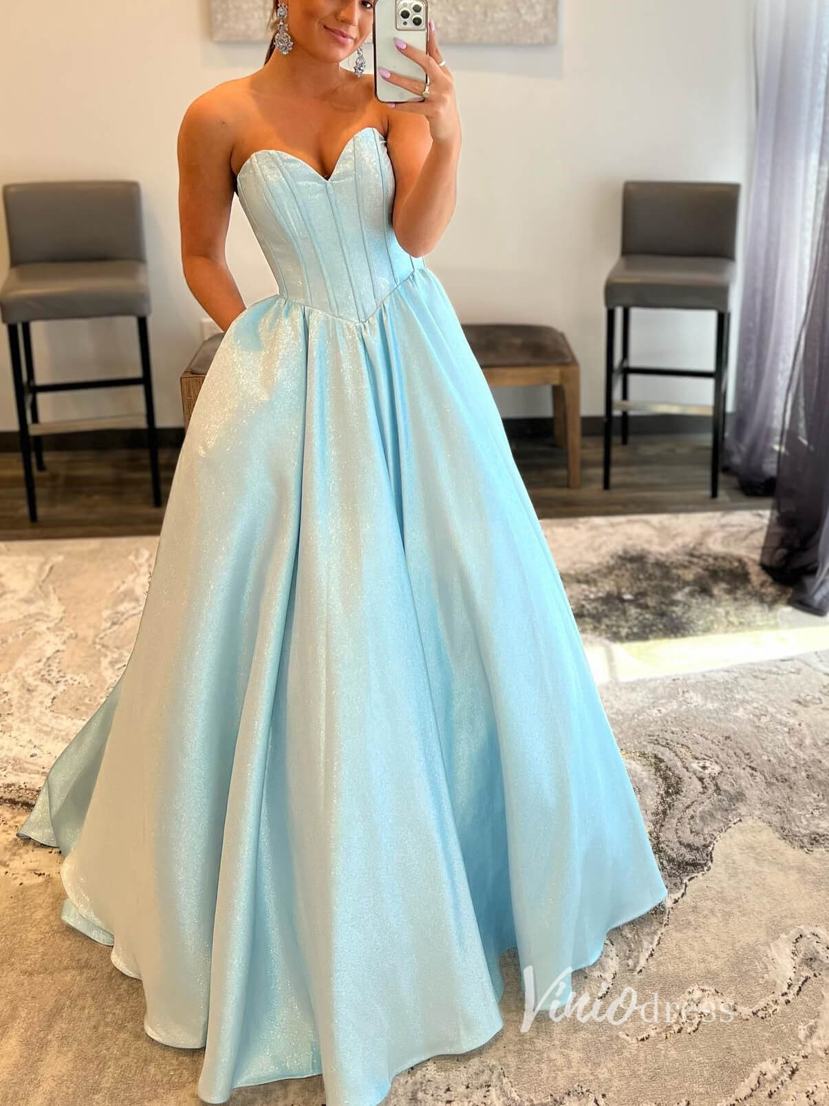 Prom Dress 2025 Light Blue Sweetheart Neck Prom Dresses With Pockets Sparkly Satin Evening Dress FD2939-unique prom dresses-Light Blue-Custom Size-Viniodress