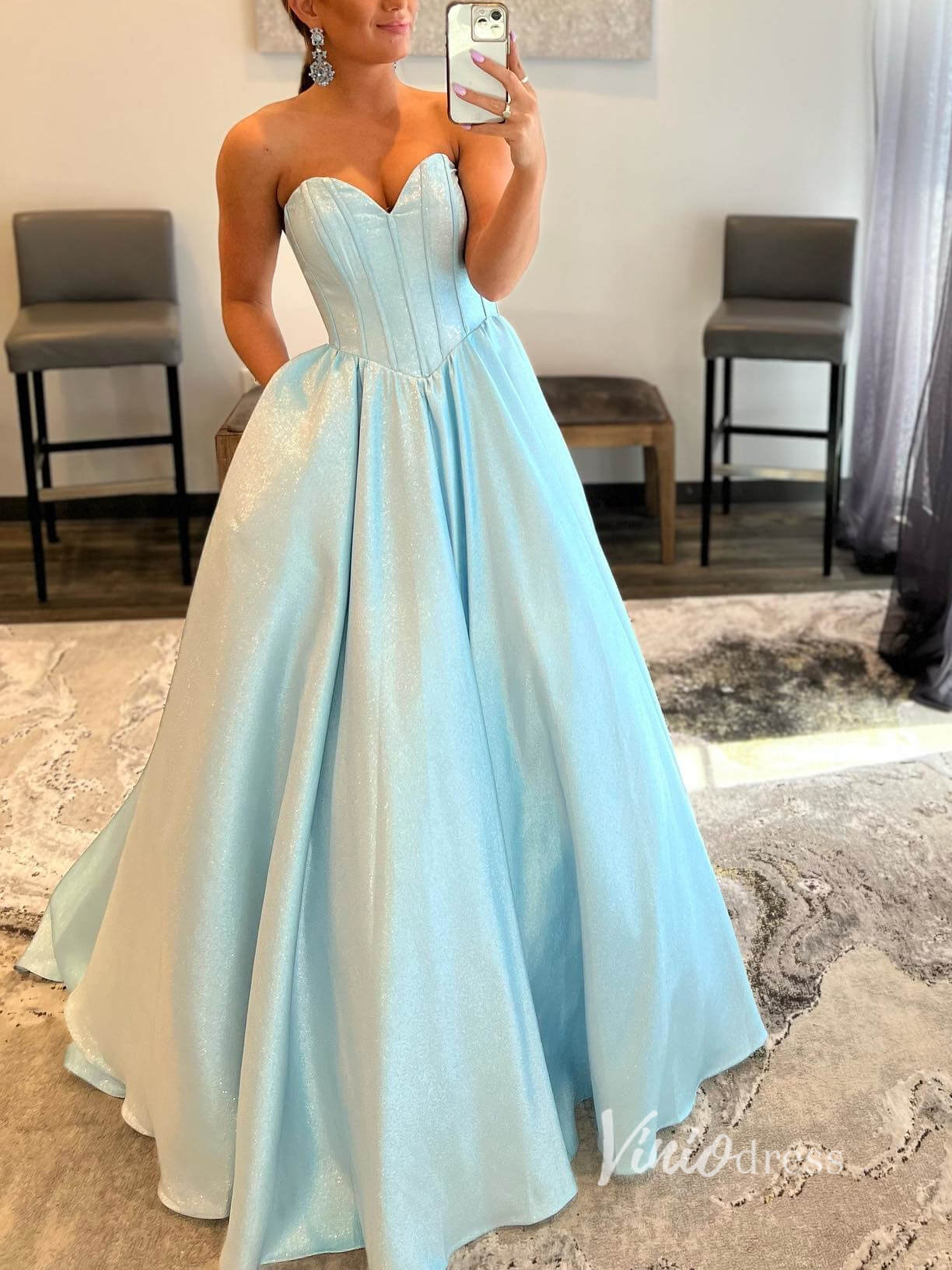 Prom Dress 2025 Light Blue Sweetheart Neck Prom Dresses With Pockets Sparkly Satin Evening Dress FD2939-unique prom dresses-Light Blue-Custom Size-Viniodress