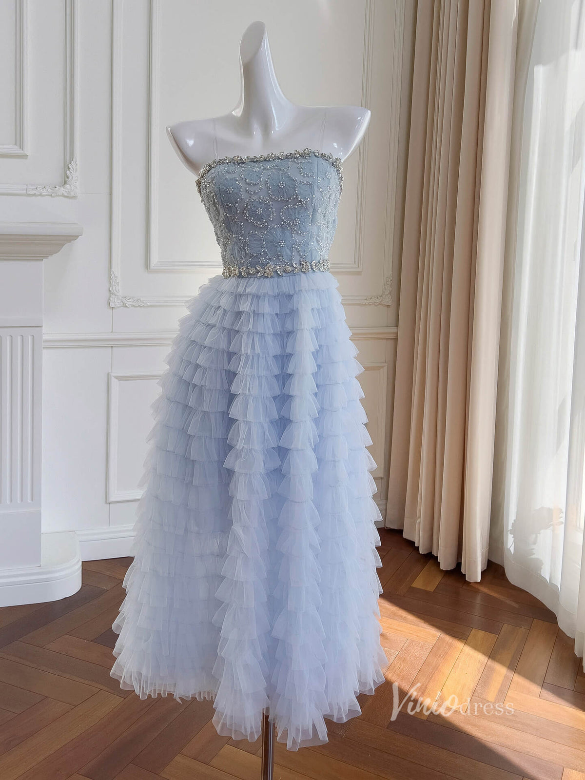 Light Blue Tiered Beaded Prom Dresses Strapless Maxi Dress FD4028-prom dresses-Viniodress-Light Blue-Custom Size-Viniodress