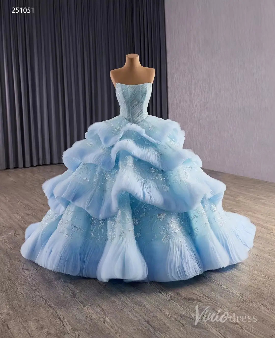 Light Blue Tiered Debutante Gown | Strapless Corset Back Ruffle Wedding Dress 251051-Quinceanera Dresses 2025 -Viniodress-Light Blue-US 2-