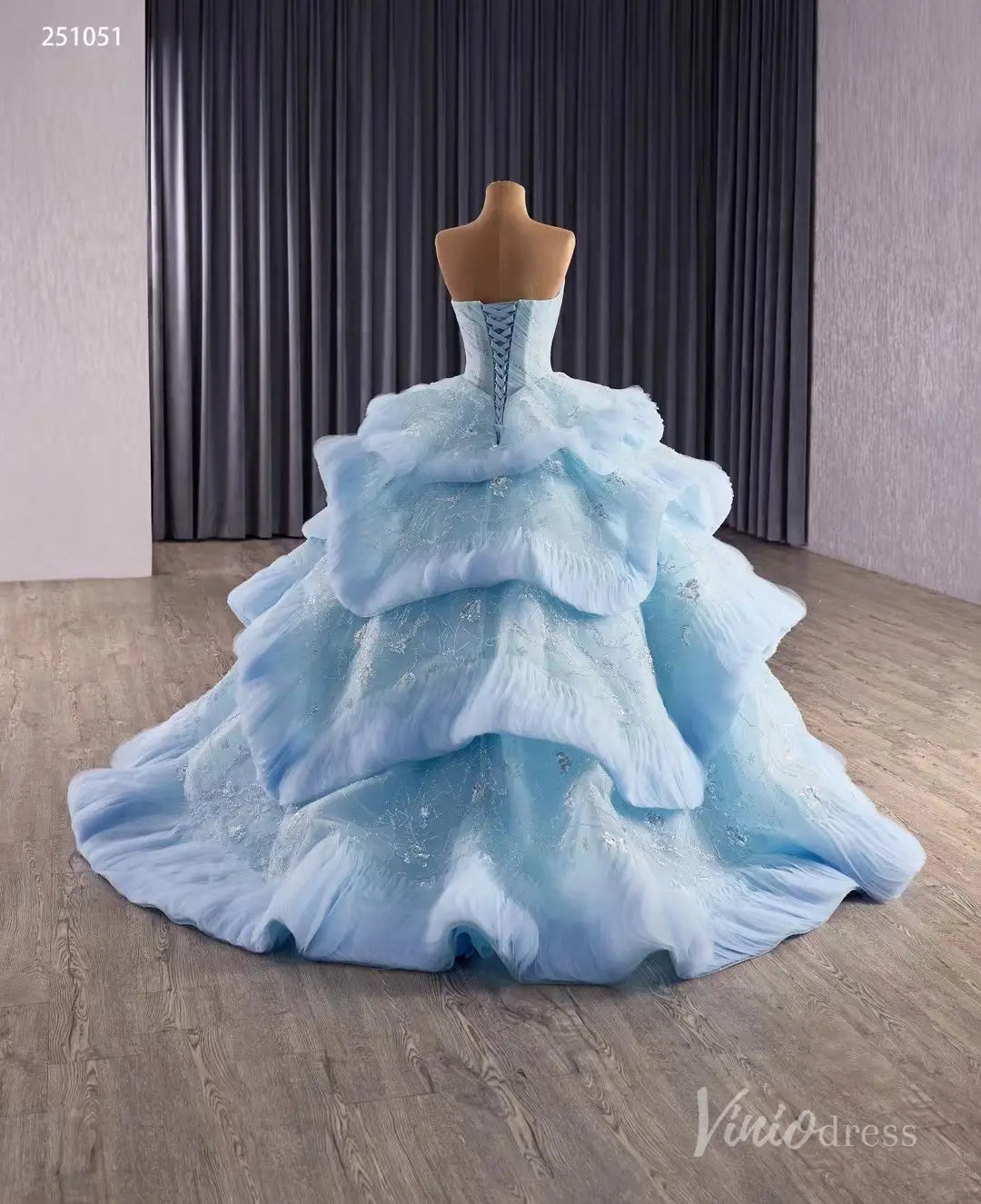 Light Blue Tiered Debutante Gown | Strapless Corset Back Ruffle Wedding Dress 251051-Quinceanera Dresses 2025 -Viniodress-Light Blue-US 2-