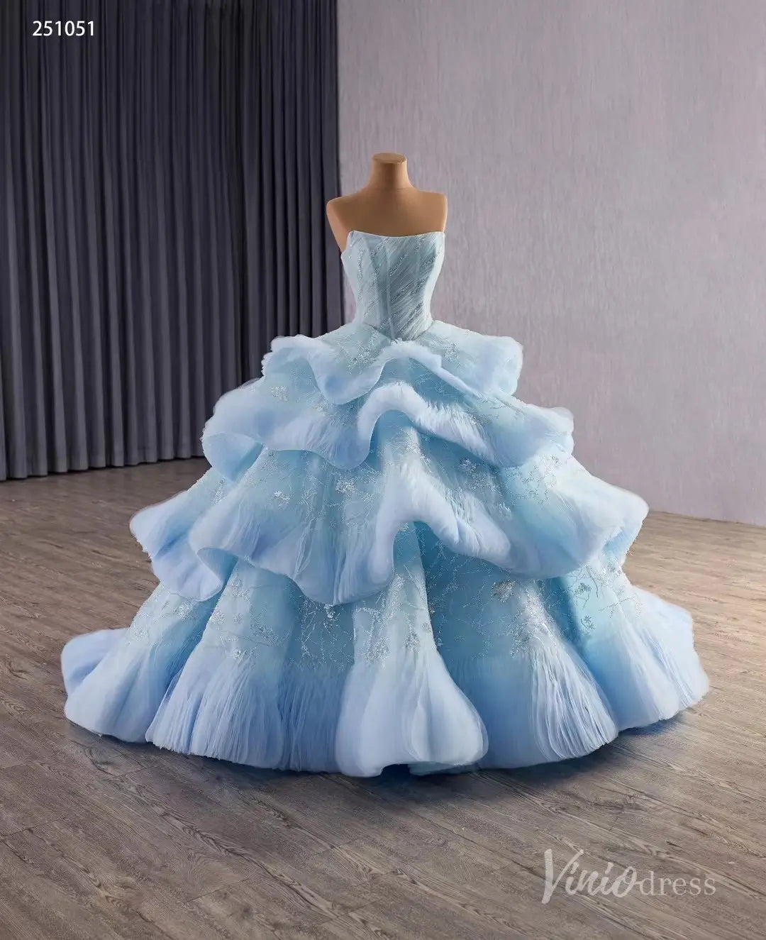 Light Blue Tiered Debutante Gown | Strapless Corset Back Ruffle Wedding Dress 251051-Quinceanera Dresses 2025 -Viniodress-Light Blue-US 2-