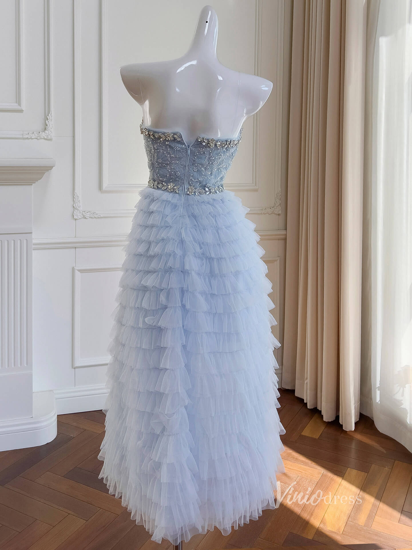 Light Blue Tiered Ruffle Prom Dress with Beaded Floral Bodice & Rhinestone FD4028-prom dresses 2025 -Viniodress-Light Blue-Custom Size-