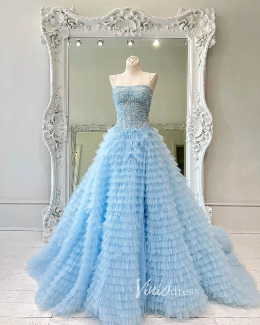 Light Blue Tiered Ruffle Prom Dress with Slit Beaded Lace Bodice FD1275-prom dresses 2025 -Viniodress-Light Blue-Custom Size-