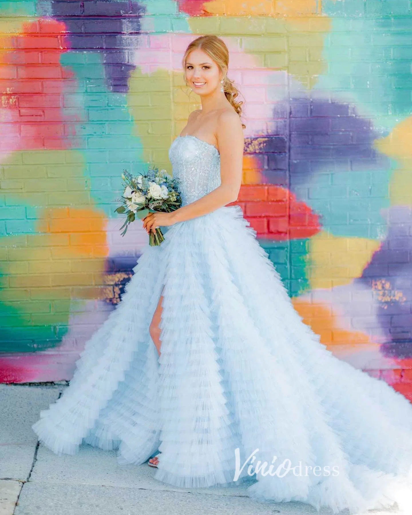 Prom Dress 2025 Light Blue Tiered Ruffle Prom Dress with Slit Beaded Lace Bodice FD1275-unique prom dresses-Light Blue-Custom Size-Viniodress