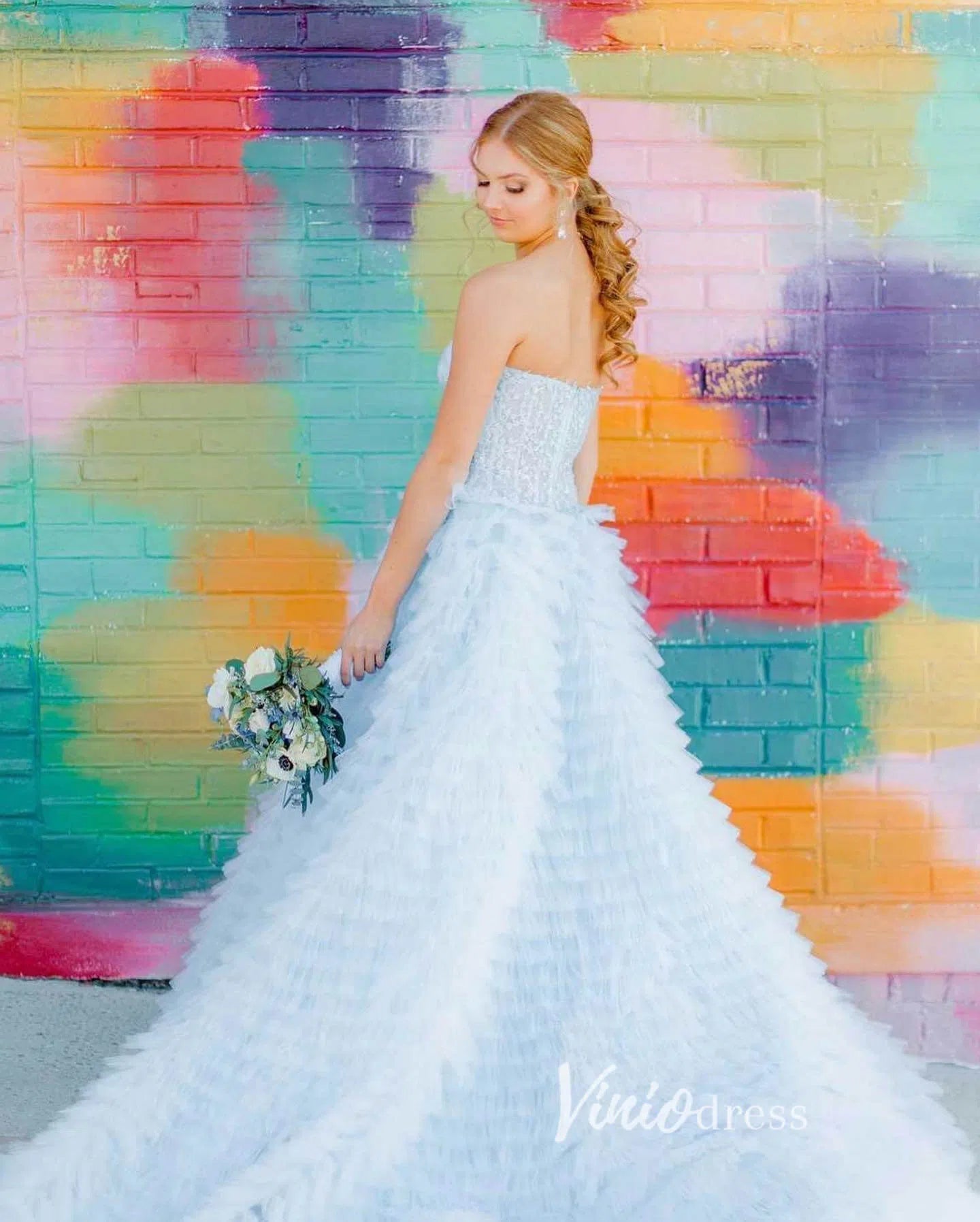 Prom Dress 2025 Light Blue Tiered Ruffle Prom Dress with Slit Beaded Lace Bodice FD1275-unique prom dresses-Light Blue-Custom Size-Viniodress