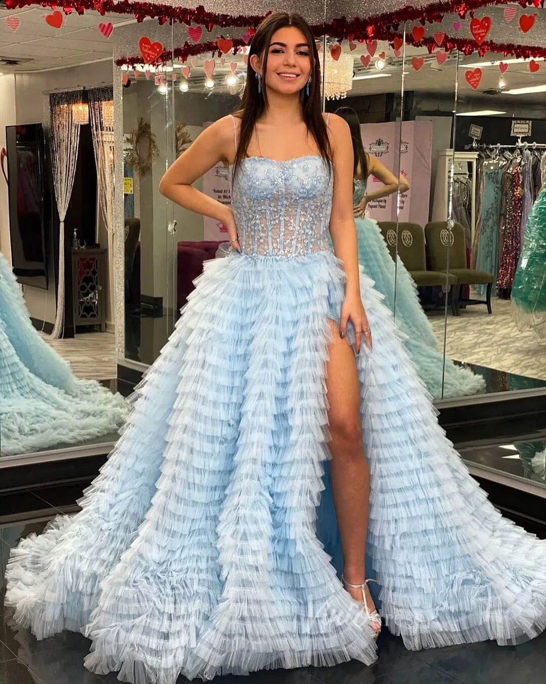 Prom Dress 2025 Light Blue Tiered Ruffle Prom Dress with Slit Beaded Lace Bodice FD1275-unique prom dresses-Light Blue-Custom Size-Viniodress