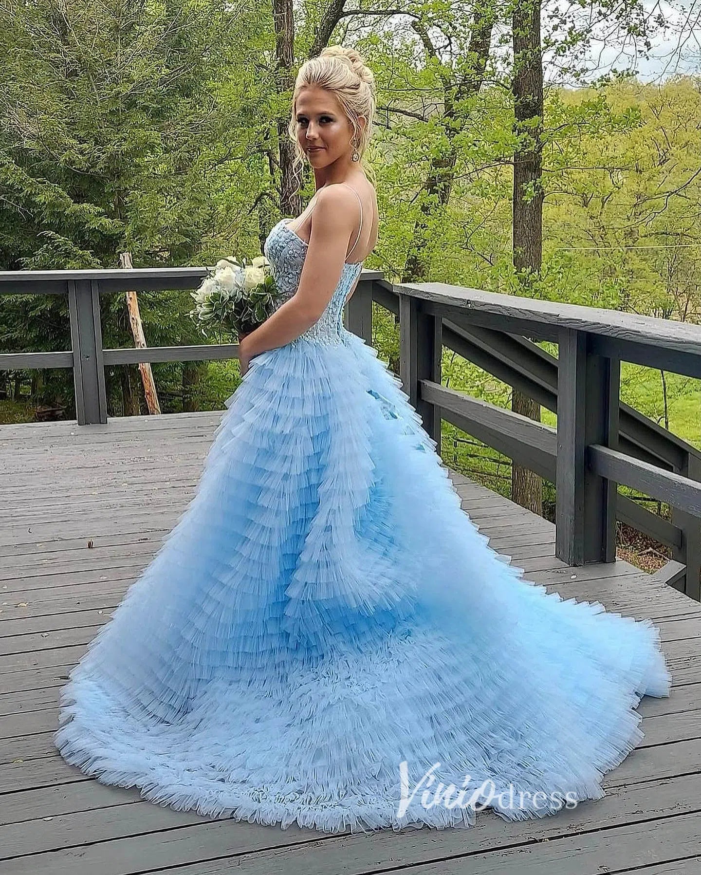 Light Blue Tiered Ruffle Prom Dress with Slit Beaded Lace Bodice FD1275-prom dresses-Viniodress-Viniodress