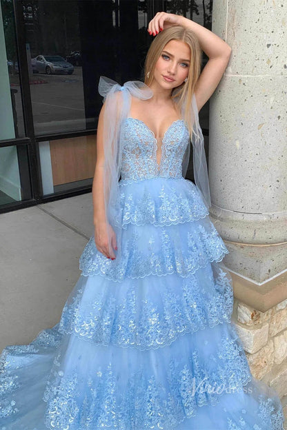 Light Blue Tiered Ruffle Prom Dresses Elegant Lace Ruffle Gowns FD4037-prom dresses 2025 -Viniodress-Light Blue-Custom Size-