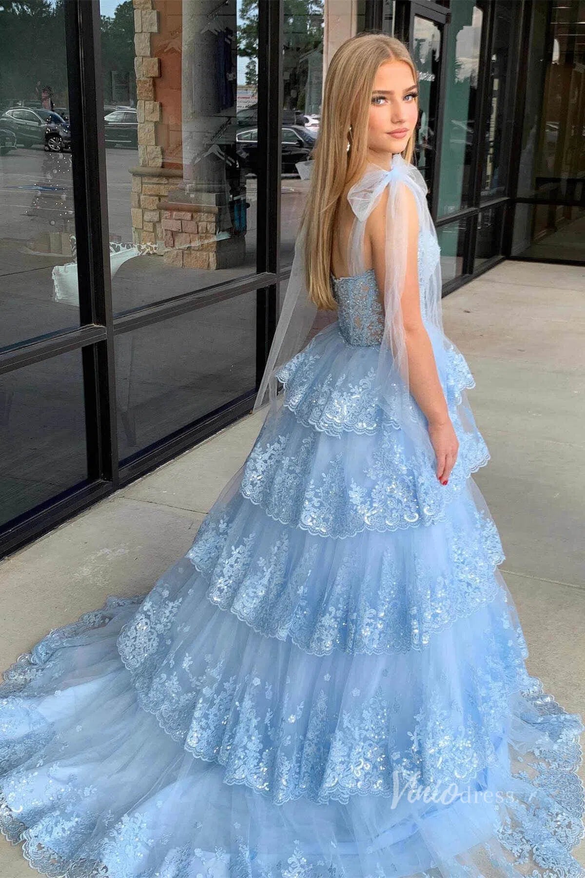 Light Blue Tiered Ruffle Prom Dresses Elegant Lace Ruffle Gowns FD4037-prom dresses 2025 -Viniodress-Light Blue-Custom Size-