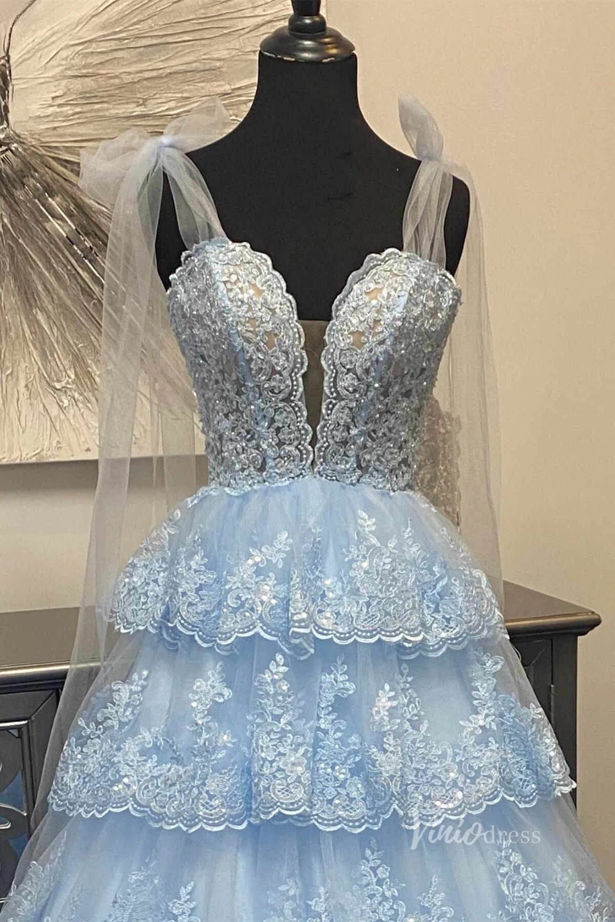 knee length dresses for ladies Light Blue Tiered Ruffle Prom Dresses Elegant Lace Ruffle Gowns FD4037 –  Viniodress