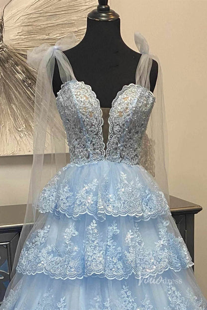 Light Blue Tiered Ruffle Prom Dresses Elegant Lace Ruffle Gowns FD4037-prom dresses 2025 -Viniodress-Light Blue-Custom Size-
