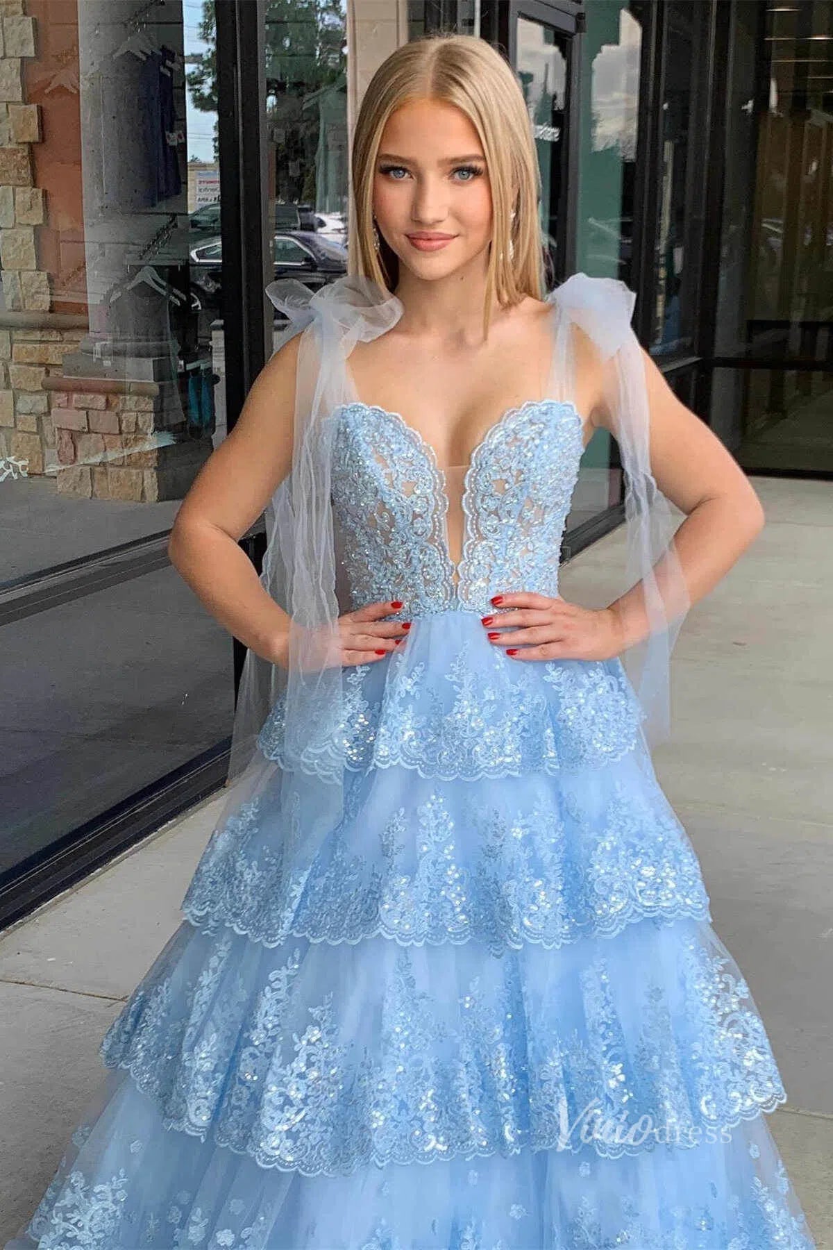 Light Blue Tiered Ruffle Prom Dresses Elegant Lace Ruffle Gowns FD4037 Viniodress Light Blue Tiered Ruffle Prom Dresses Elegant Lace Ruffle Gowns FD4037 Viniodress