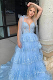 Light Blue Tiered Ruffle Prom Dresses Elegant Lace Ruffle Gowns FD4037-prom dresses-Viniodress-Viniodress