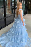 Light Blue Tiered Ruffle Prom Dresses Elegant Lace Ruffle Gowns FD4037-prom dresses-Viniodress-Viniodress