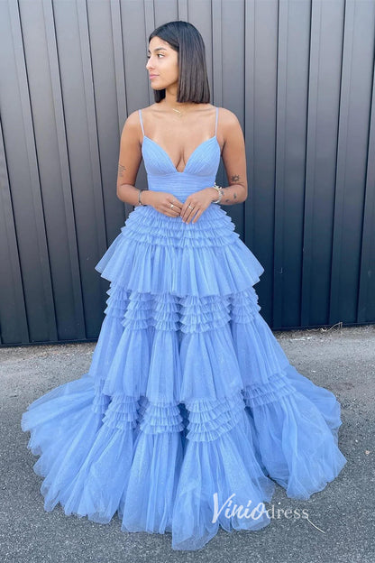 Light Blue Tiered Ruffle Tulle Prom Dresses with Slit FD2993-prom dresses 2025 -Viniodress-Light Blue-Custom Size-
