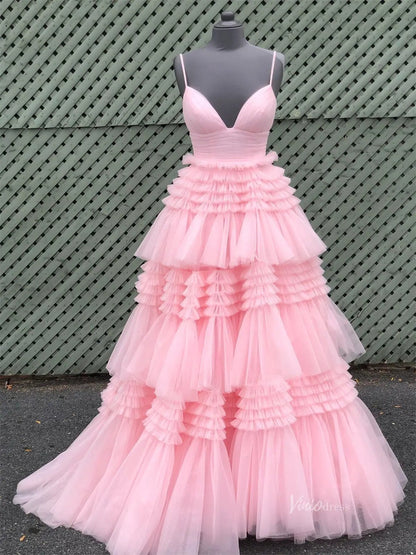 Light Blue Tiered Ruffle Tulle Prom Dresses with Slit FD2993-prom dresses 2025 -Viniodress-Light Blue-Custom Size-