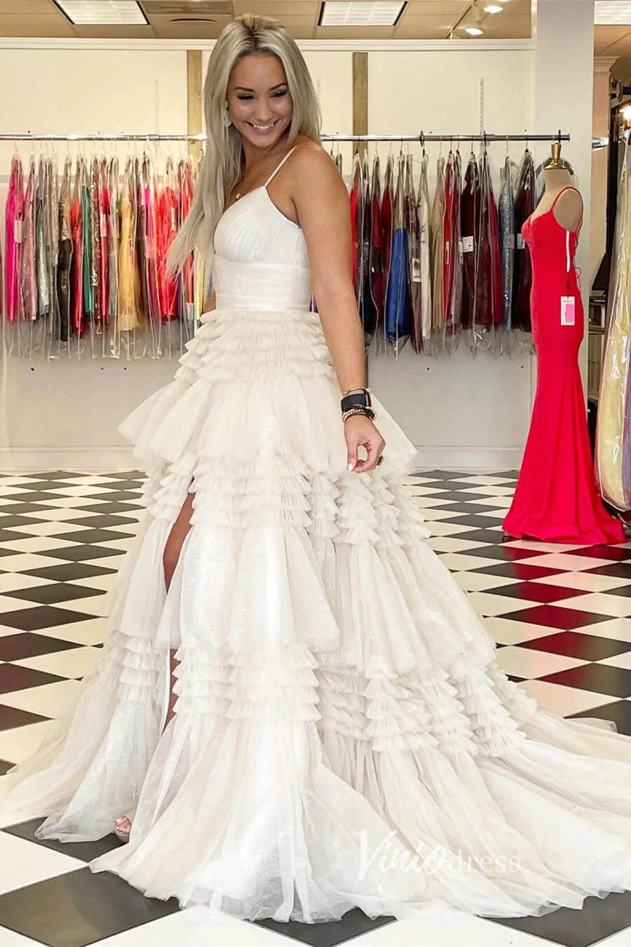 Light Blue Tiered Ruffle Tulle Prom Dresses with Slit FD2993