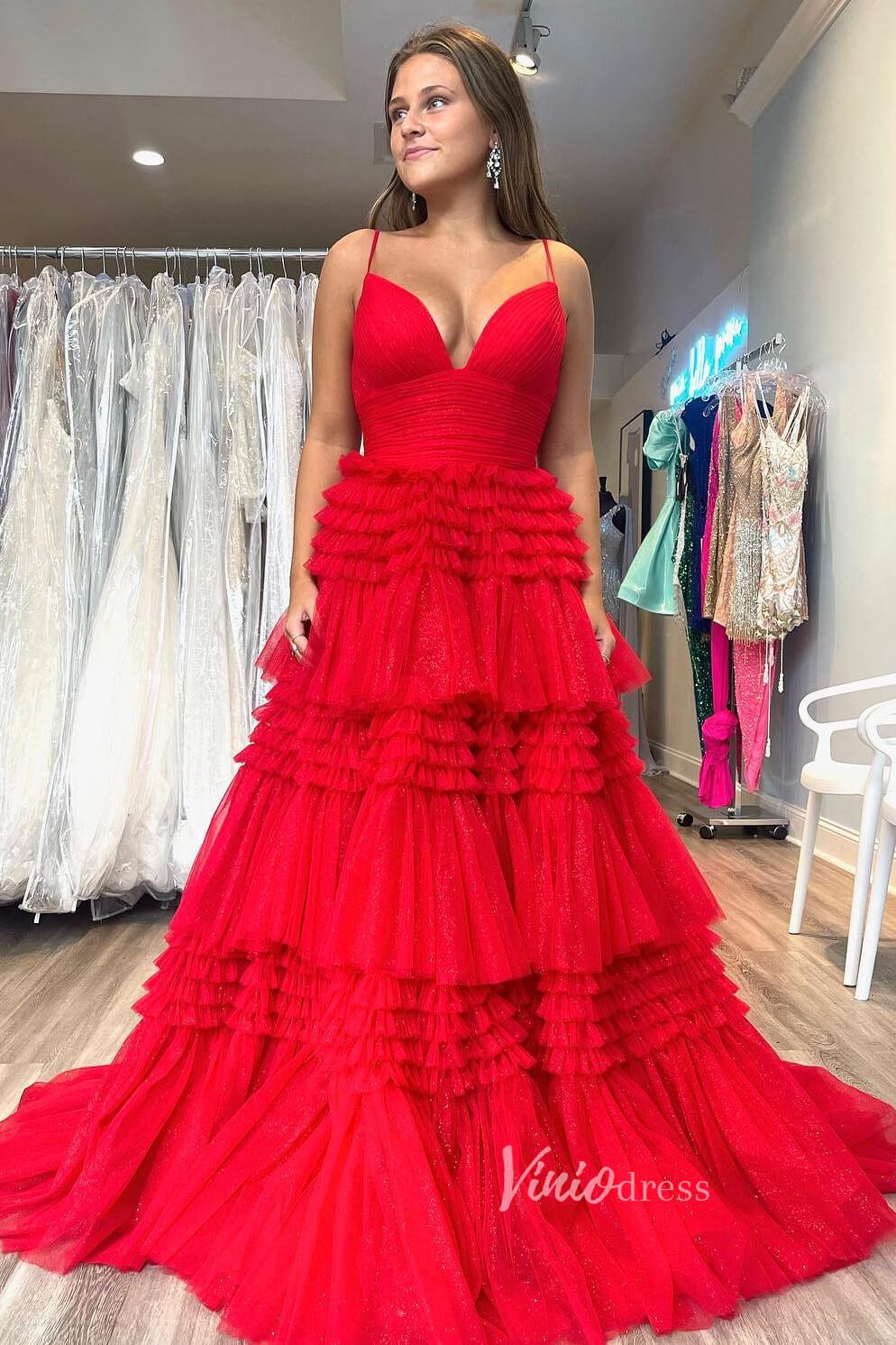 Light Blue Tiered Ruffle Tulle Prom Dresses with Slit FD2993