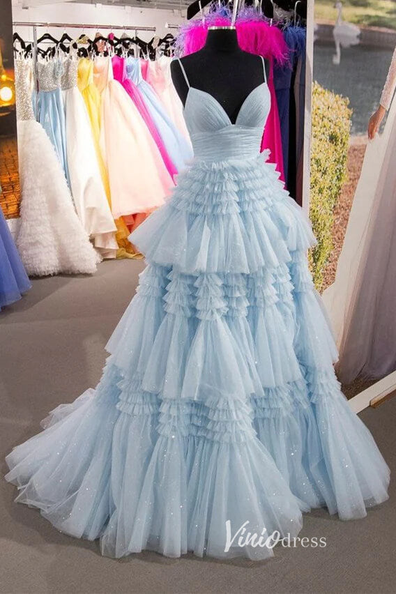 Prom Dress 2025 Light Blue Tiered Ruffle Tulle Prom Dresses with Slit FD2993-unique prom dresses-Light Blue-Custom Size-Viniodress