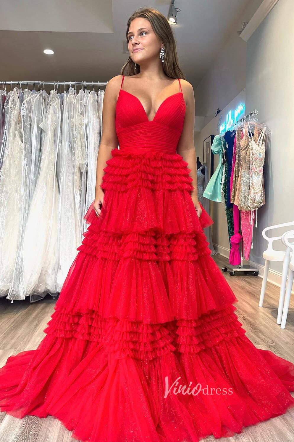 Prom Dress 2025 Light Blue Tiered Ruffle Tulle Prom Dresses with Slit FD2993-unique prom dresses-Red-Custom Size-Viniodress