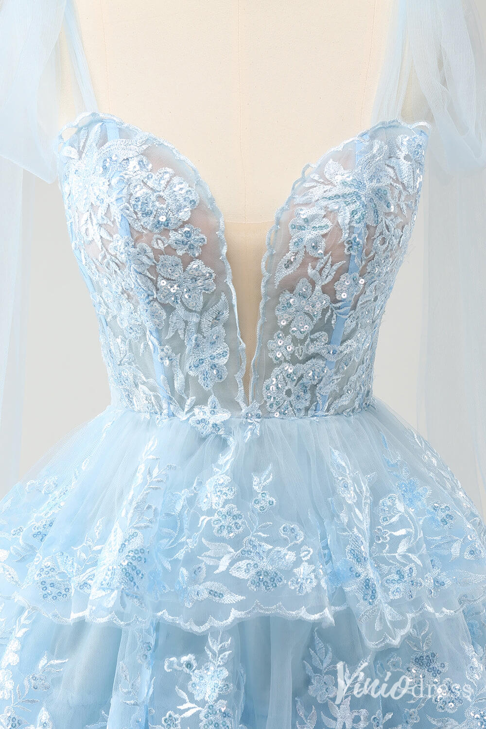 Light Blue Tiered Spaghetti Strap Homecoming Dresses Lace Applique Back to School Dress S24031-prom dresses-Viniodress-Viniodress