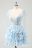 Light Blue Tiered Spaghetti Strap Homecoming Dresses Lace Applique Back to School Dress S24031-prom dresses-Viniodress-Light Blue-Custom Size-Viniodress