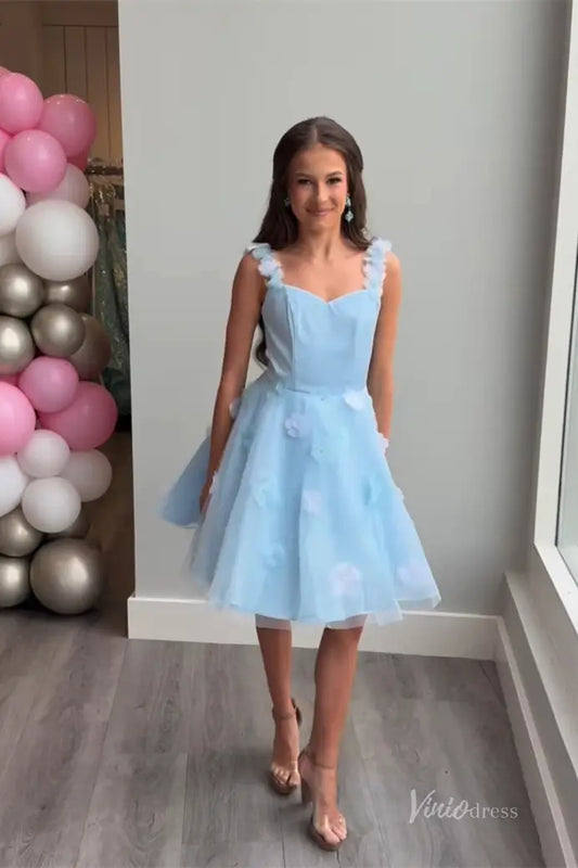 Light Blue Tulle A-Line Homecoming Dress with Allover 3D Floral Appliqué and Sweetheart Neckline – H1127-prom dresses 2025 -Viniodress-Light Blue-Custom Size-