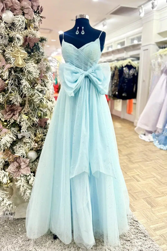 Light Blue Tulle Ball Gown with Spaghetti Straps, Sparkly Overlay & Oversized Satin Bow – AE1003-Quinceanera Dresses 2025 -Viniodress-Light Blue-Custom Size-