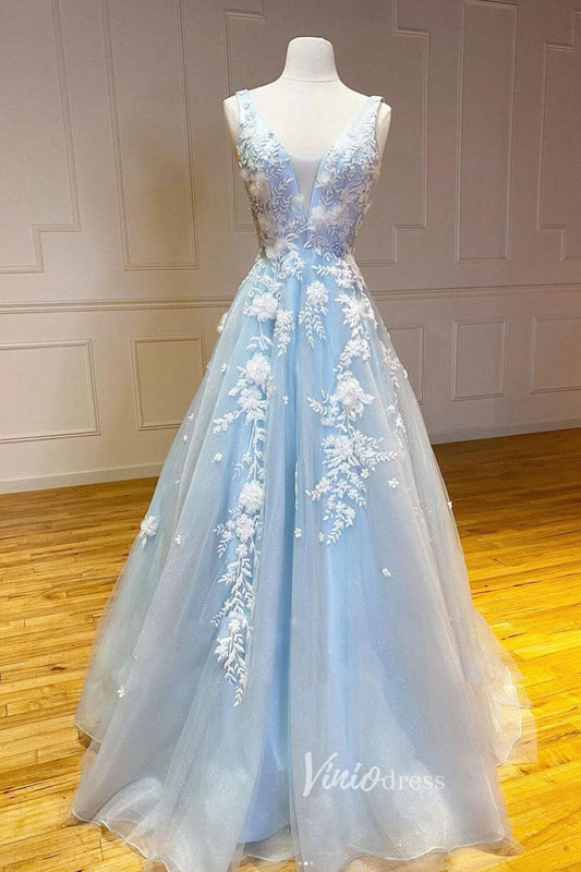Light Blue Tulle Prom Dresses 3D Floral Evening Dress FD3066-prom dresses 2025 -Viniodress-Light Blue-Custom Size-