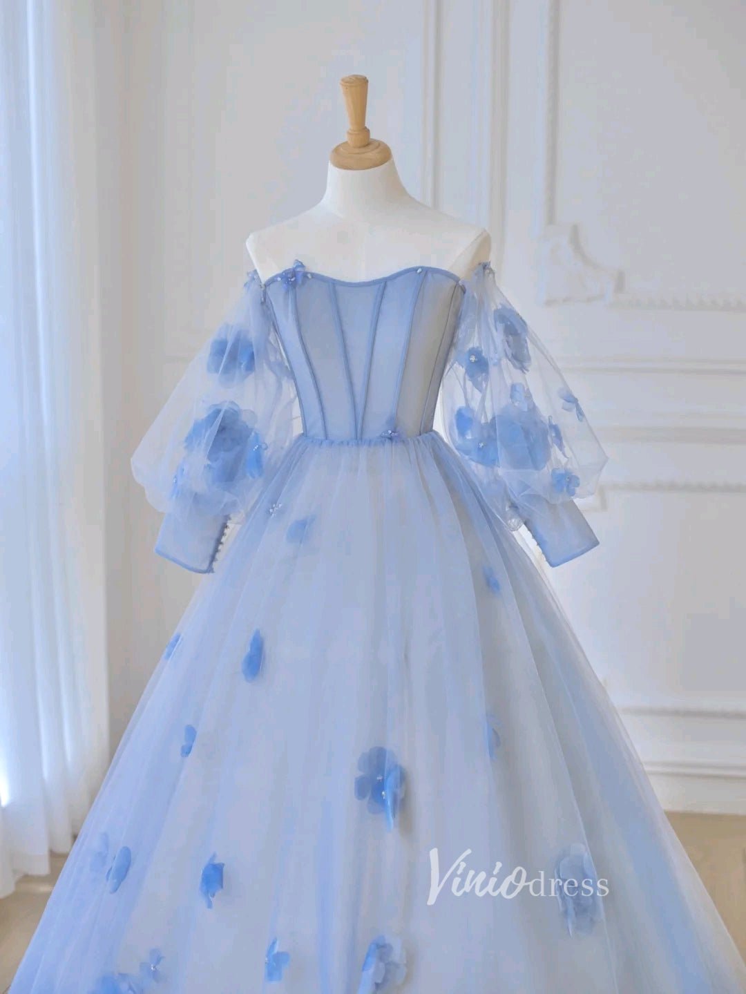 Light Blue Tulle Prom Dresses 3D Flower Long Sleeve Ball Gown FD3229-prom dresses 2025 -Viniodress-Light Blue-Custom Size-
