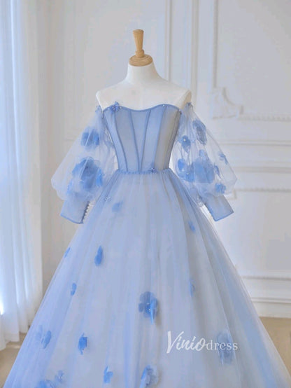Light Blue Tulle Prom Dresses 3D Flower Long Sleeve Ball Gown FD3229-prom dresses 2025 -Viniodress-Light Blue-Custom Size-