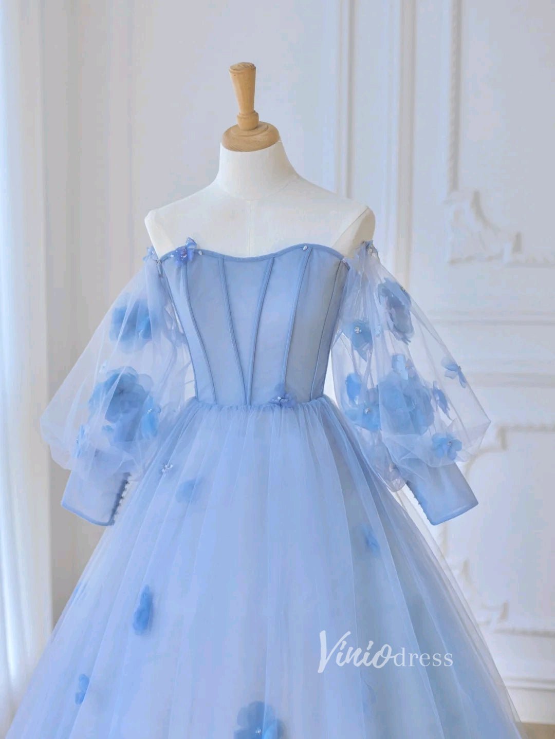 Light Blue Tulle Prom Dresses 3D Flower Long Sleeve Ball Gown FD3229-prom dresses 2025 -Viniodress-Light Blue-Custom Size-