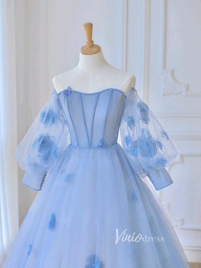 Light Blue Tulle Prom Dresses 3D Flower Long Sleeve Ball Gown FD3229-prom dresses 2025 -Viniodress-Light Blue-Custom Size-