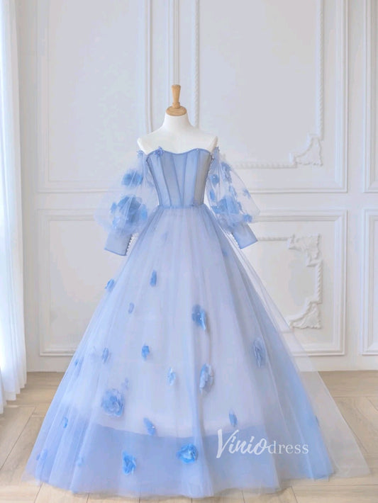 Light Blue Tulle Prom Dresses 3D Flower Long Sleeve Ball Gown FD3229-prom dresses 2025 -Viniodress-Light Blue-Custom Size-