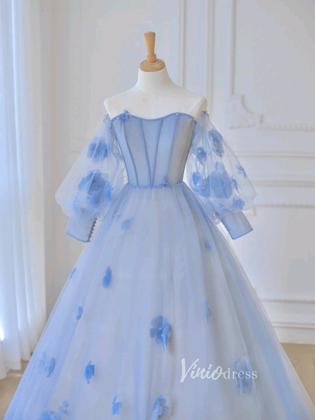 Prom Dress 2025 Light Blue Tulle Prom Dresses 3D Flower Long Sleeve Ball Gown FD3229-unique prom dresses-Light Blue-Custom Size-Viniodress