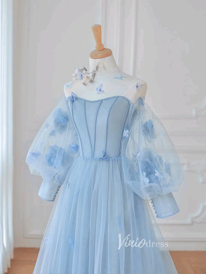 Light Blue Tulle Prom Dresses 3D Flower Long Sleeve Formal Dress FD3226-prom dresses 2025 -Viniodress-Light Blue-Custom Size-
