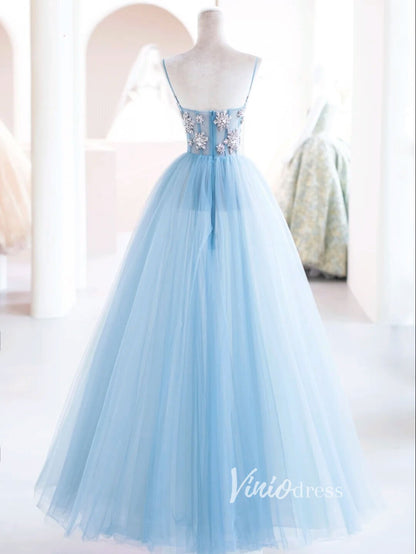 Light Blue Tulle Prom Dresses Beaded Spahgetti Strap Formal Gown FD3419-prom dresses 2025 -Viniodress-Light Blue-Custom Size-