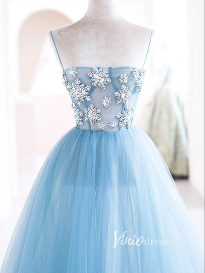 Light Blue Tulle Prom Dresses Beaded Spahgetti Strap Formal Gown FD3419-prom dresses 2025 -Viniodress-Light Blue-Custom Size-