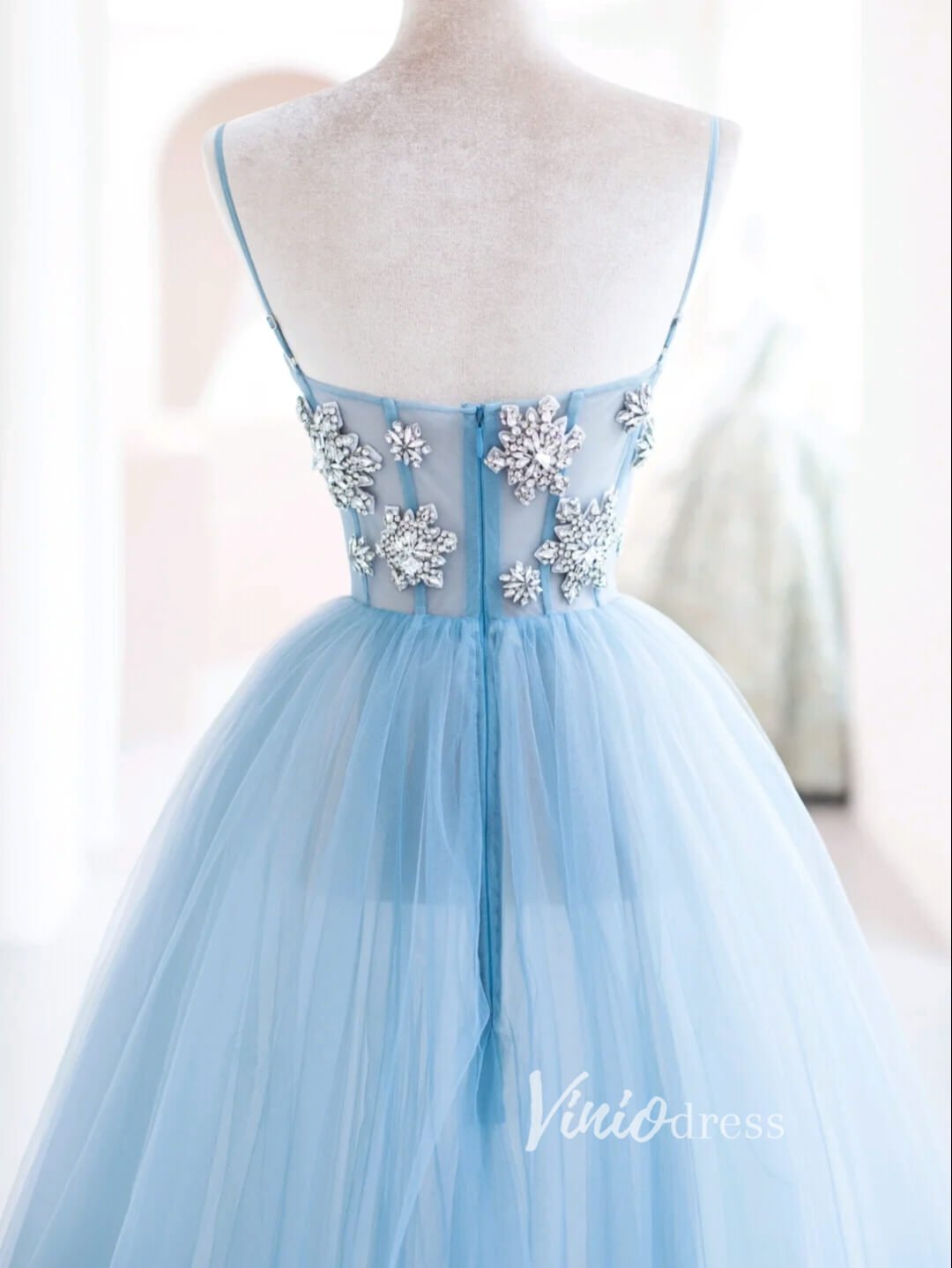 Light Blue Tulle Prom Dresses Beaded Spahgetti Strap Formal Gown FD3419-prom dresses 2025 -Viniodress-Light Blue-Custom Size-