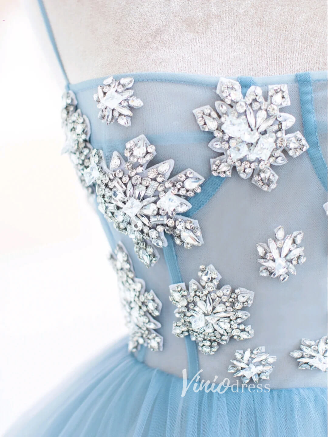 Light Blue Tulle Prom Dresses Beaded Spahgetti Strap Formal Gown FD3419-prom dresses 2025 -Viniodress-Light Blue-Custom Size-