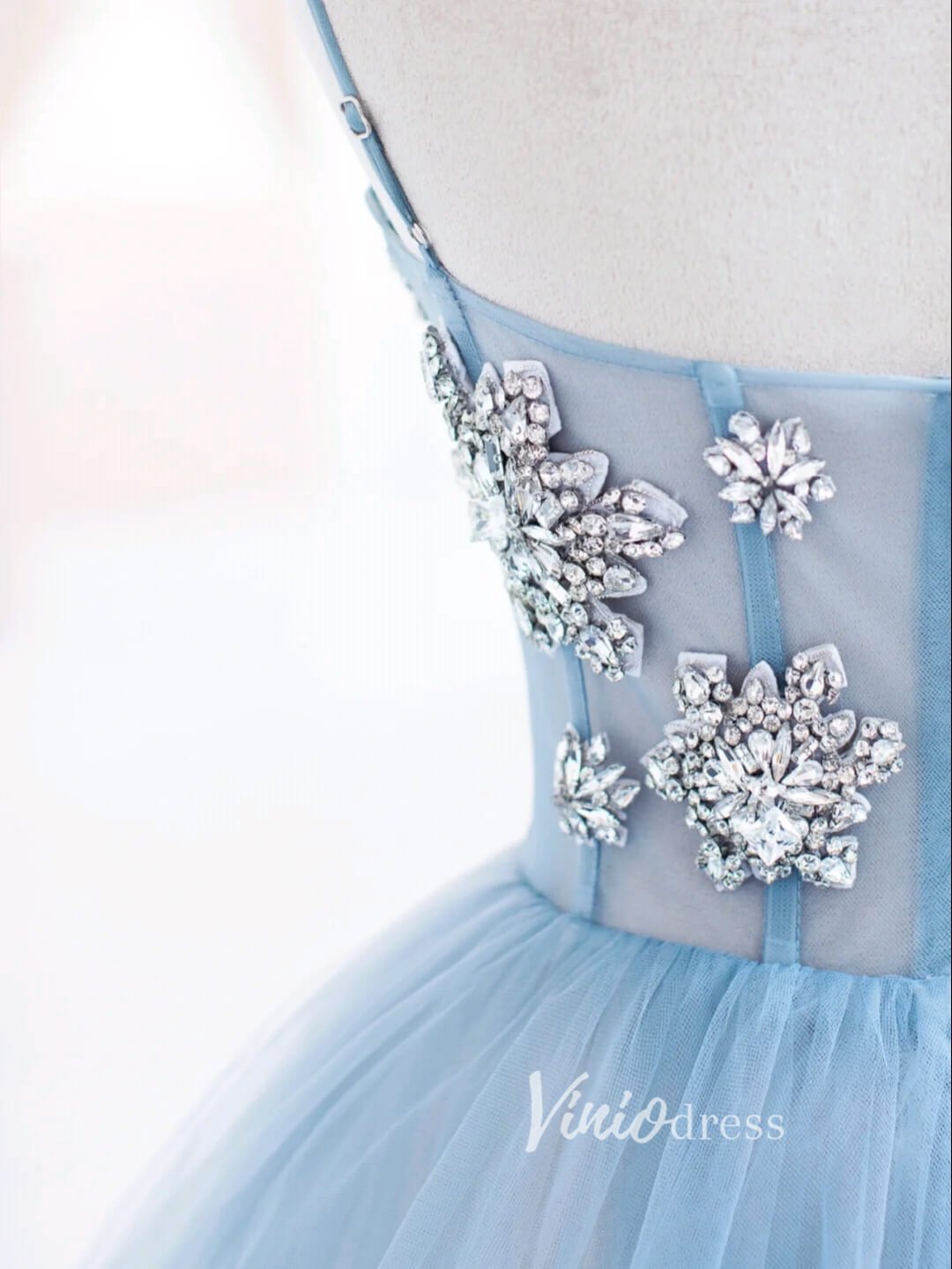Light Blue Tulle Prom Dresses Beaded Spahgetti Strap Formal Gown FD3419-prom dresses 2025 -Viniodress-Light Blue-Custom Size-