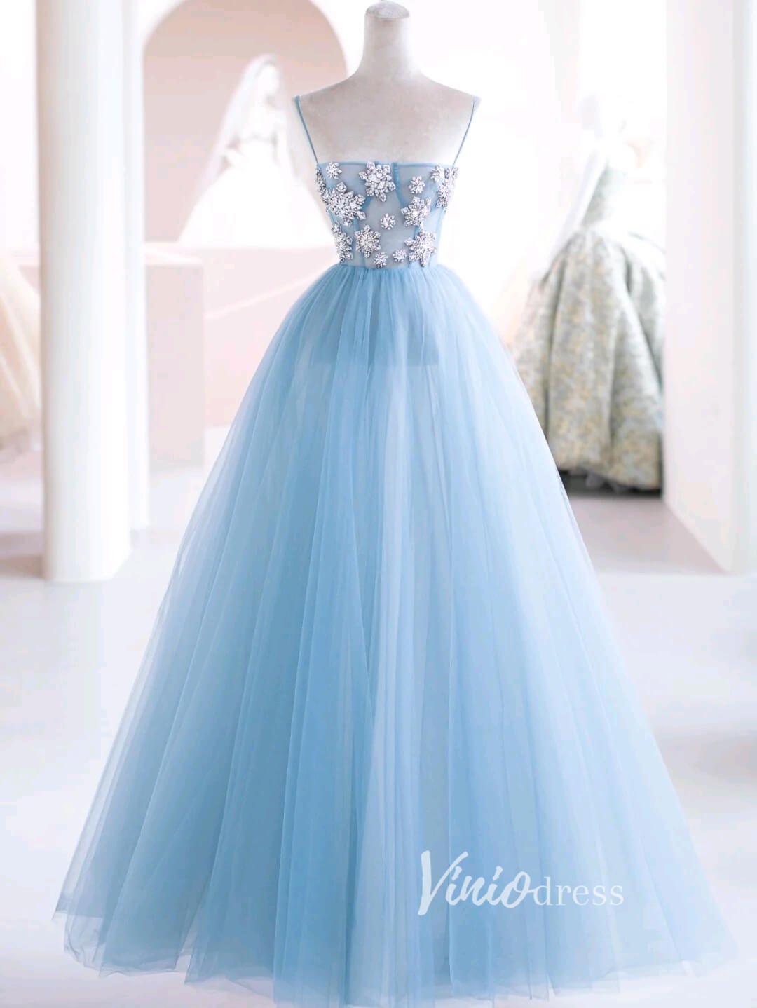 Light Blue Tulle Prom Dresses Beaded Spahgetti Strap Formal Gown FD3419-prom dresses 2025 -Viniodress-Light Blue-Custom Size-
