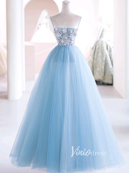 Light Blue Tulle Prom Dresses Beaded Spahgetti Strap Formal Gown FD3419-prom dresses 2025 -Viniodress-Light Blue-Custom Size-