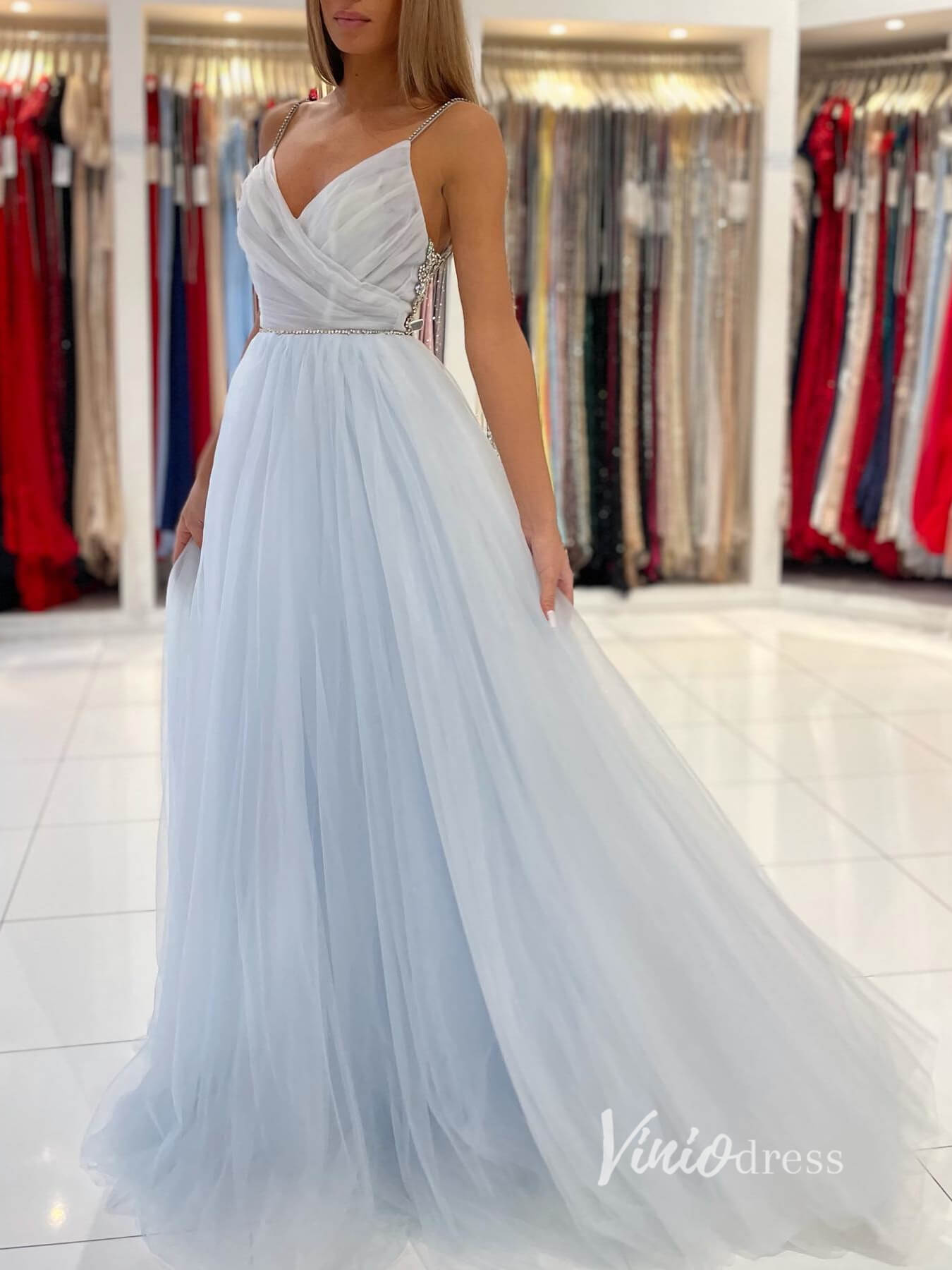 Light Blue Tulle Prom Dresses Spaghetti Strap Evening Dress FD2913-prom dresses 2025 -Viniodress-Light Blue-Custom Size-